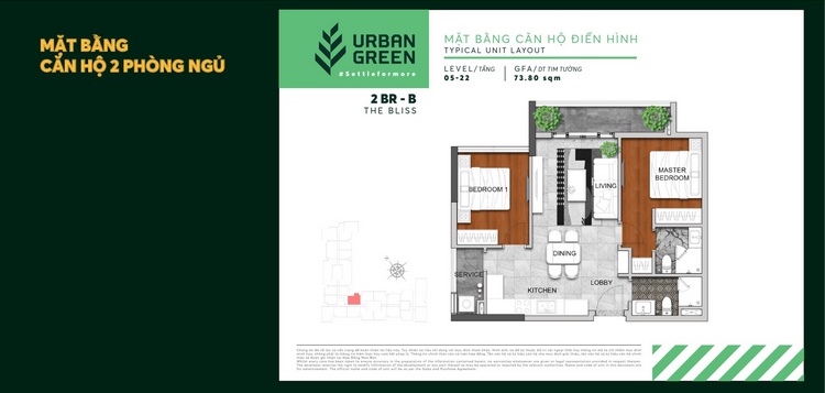 Mặt bằng căn hộ 2pn Urban Green 73m2